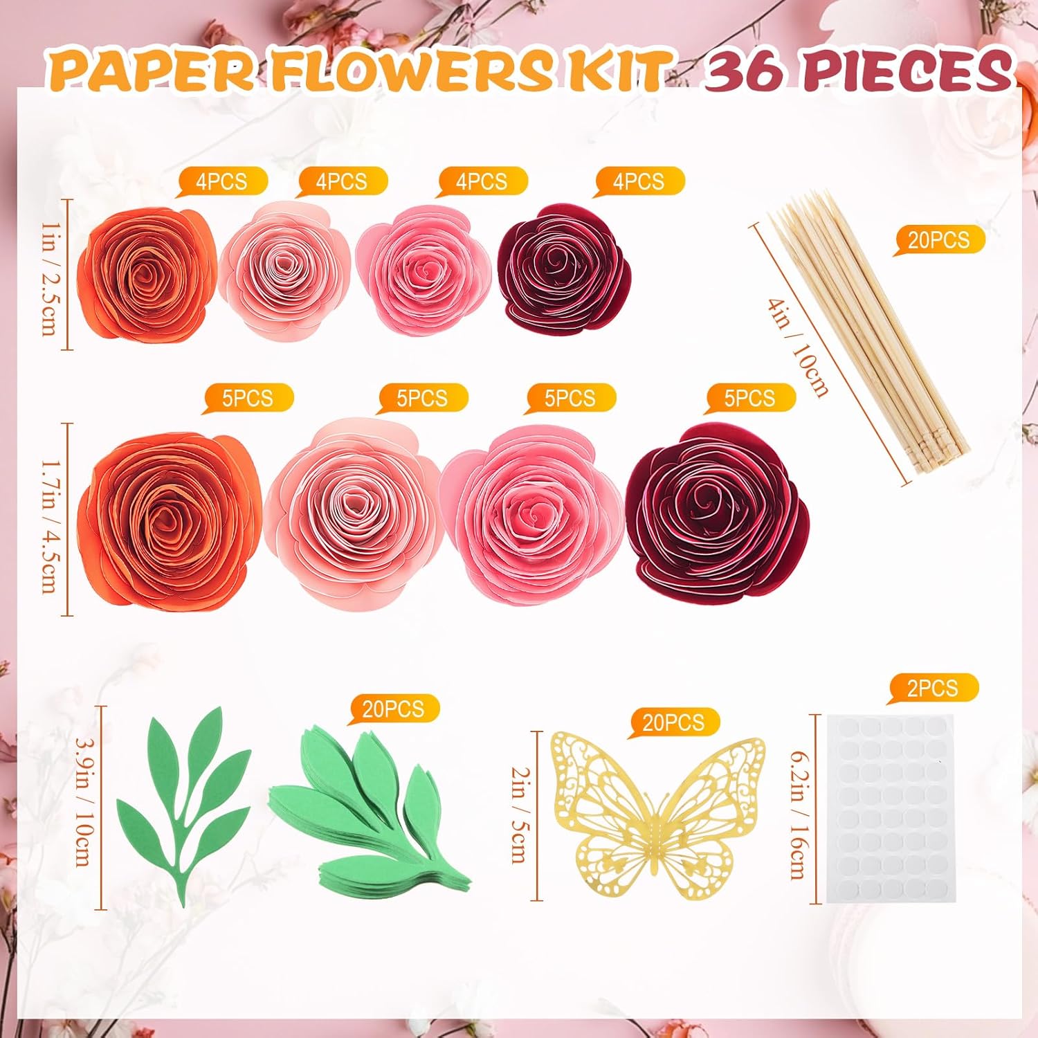 36 Pcs 3D Artificial Roses Paper Flowers for DIY Crafts