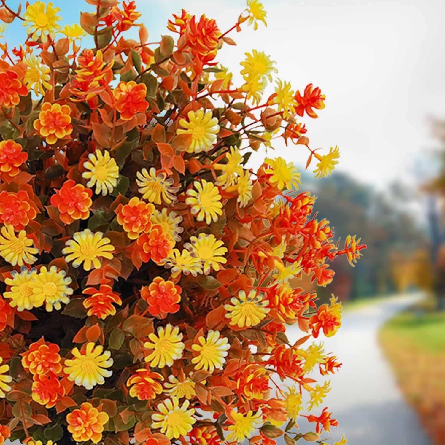 Fall Artificial Topiary Ball Tree with Mums Flowers Set of 2