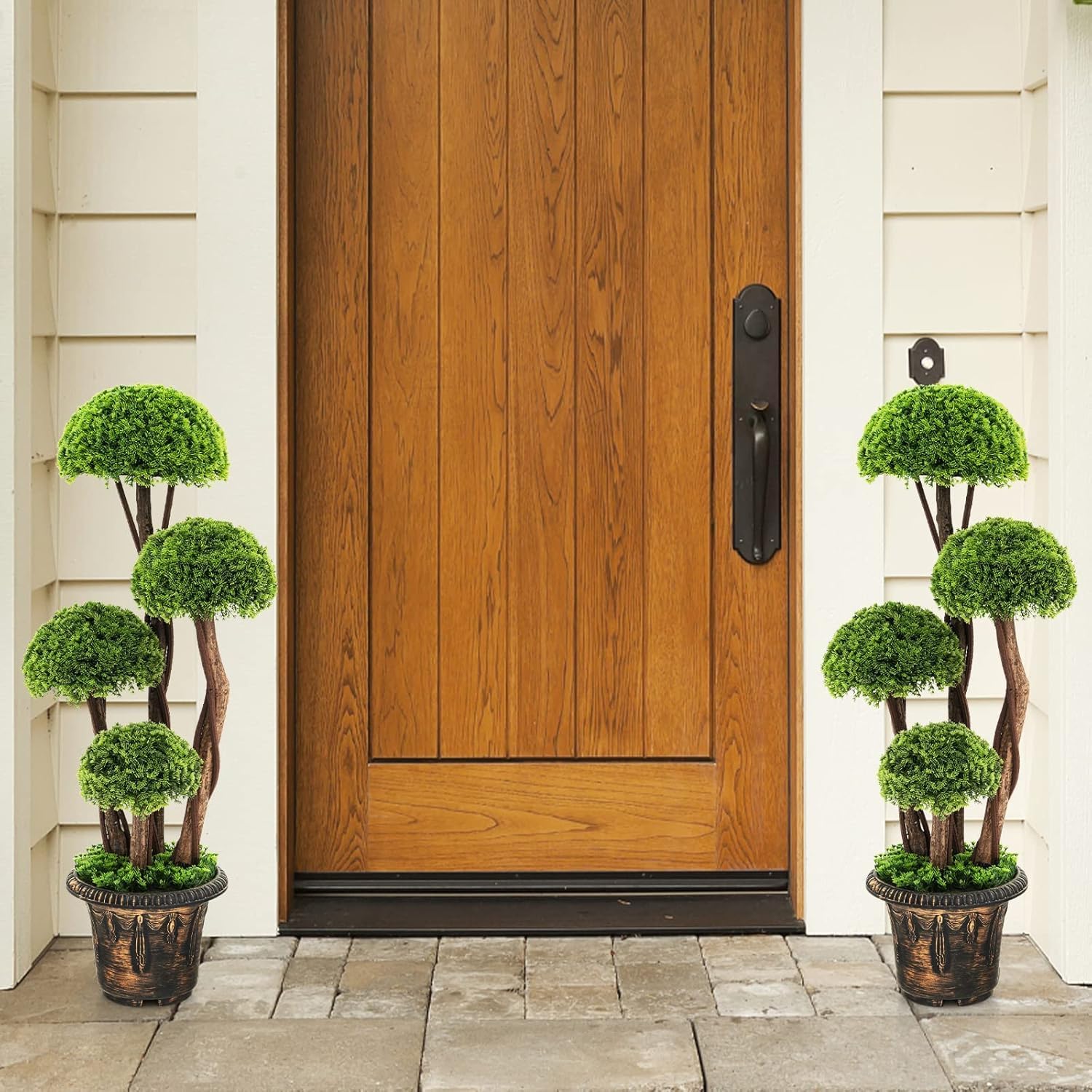 HOMGX Artificial Cypress Topiary Ball Tree with Cement Pot