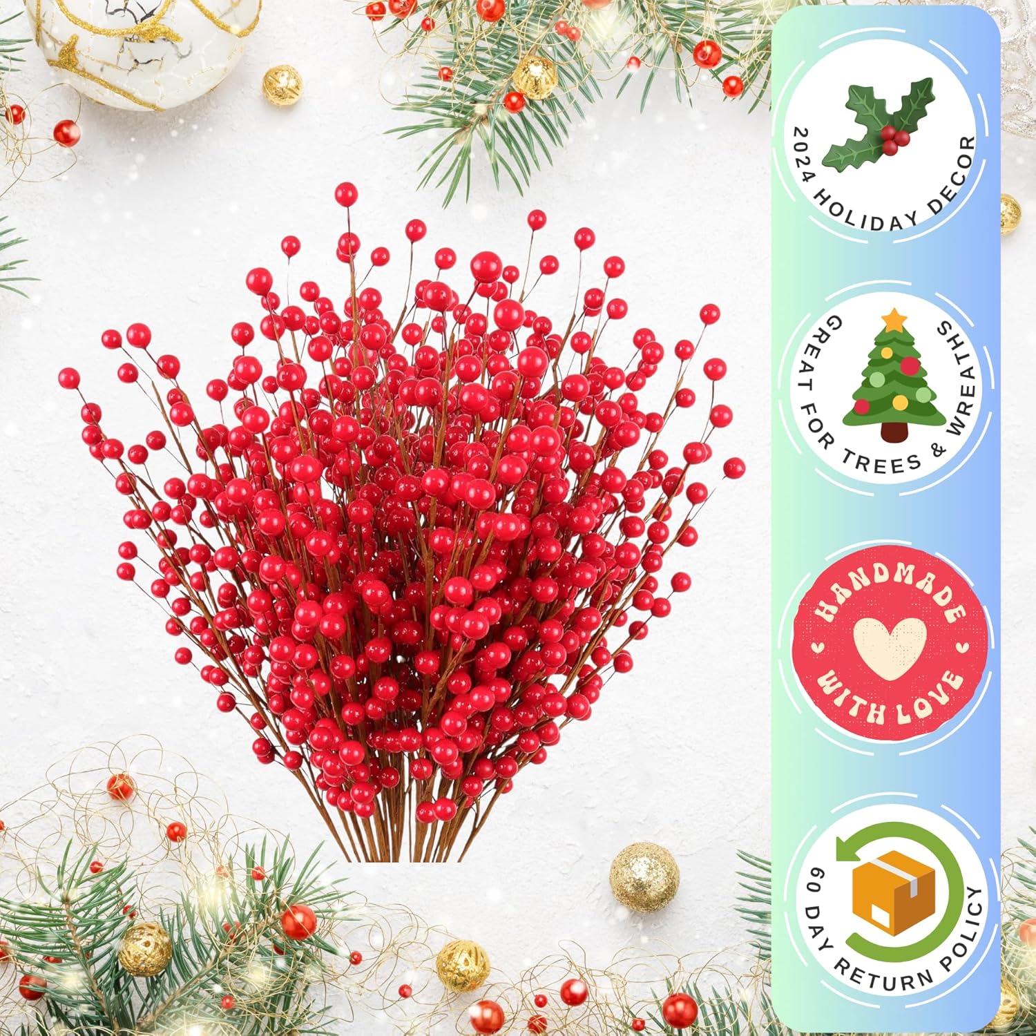 19 Inch Red Berry Stems with Wired Branches 12-Pack