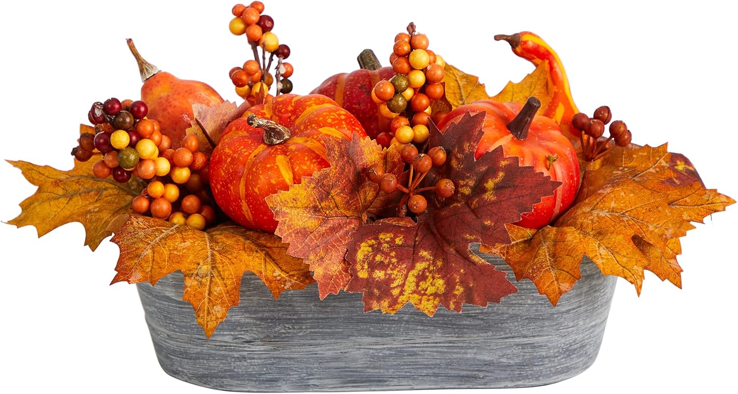 Nearly Natural 12 Inch Fall Pumpkin and Berries Artificial Arrangement in Washed Vase