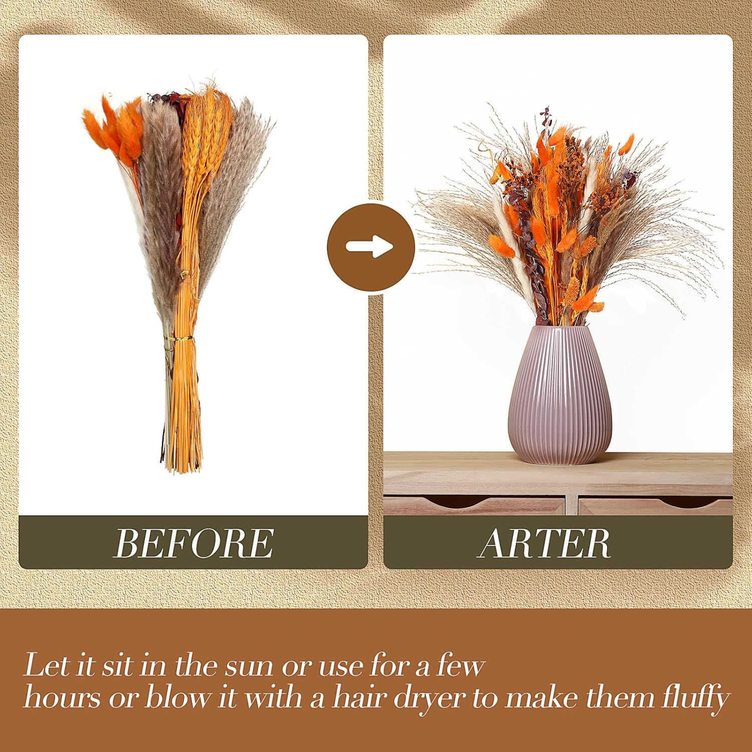 120 Pcs Orange Dried Pampas Grass Autumn Bouquet Decor