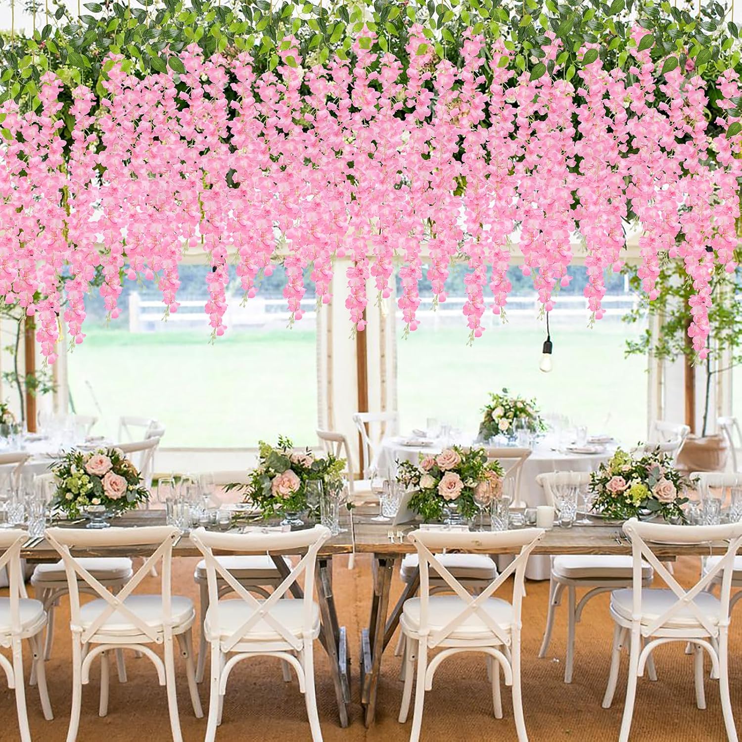 Pauwer Wisteria Hanging Flowers 24 Pack Artificial Garland Pink