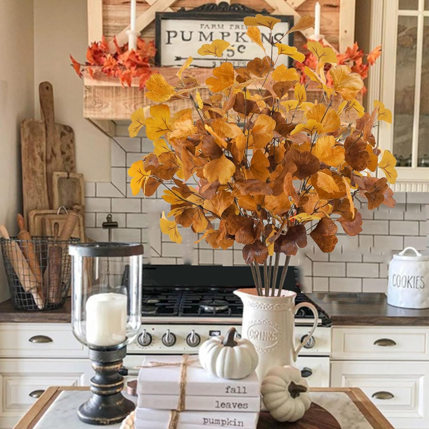6 Pcs Artificial Ginkgo Leaves Stems for Autumn Decorations