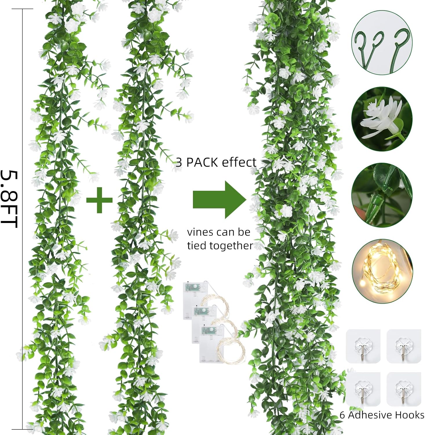RECUTMS Greenery Vines Garland with Lights 3 Pack