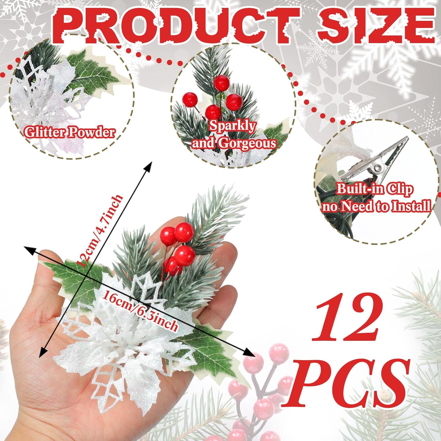 Hotop 12 Pcs Artificial Poinsettia Flowers with Clips