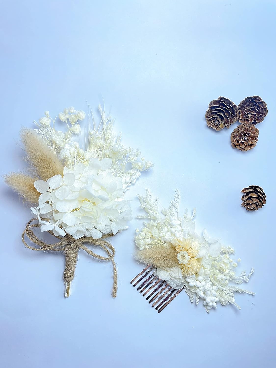 Handmade Dried Flower Boutonniere and Hair Clip Set Ivory