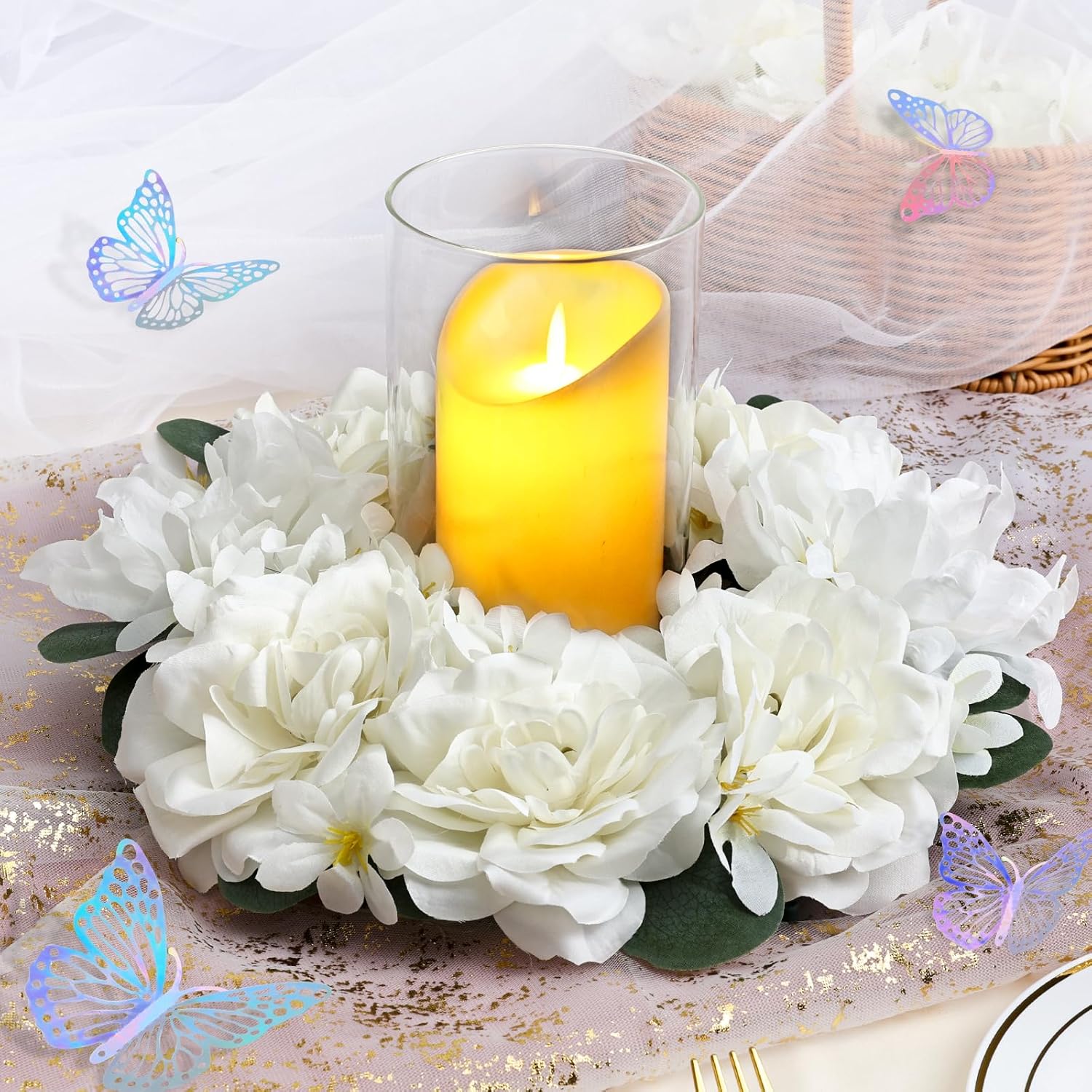 Pack of 2 Artificial Flower Candle Rings with Butterflies