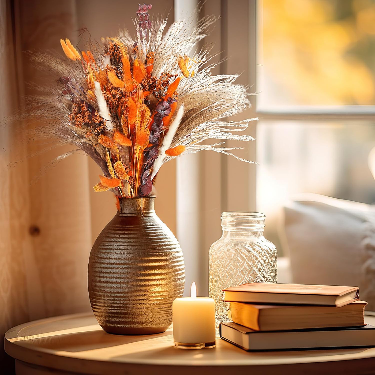 120 Pcs Orange Dried Pampas Grass Autumn Bouquet Decor