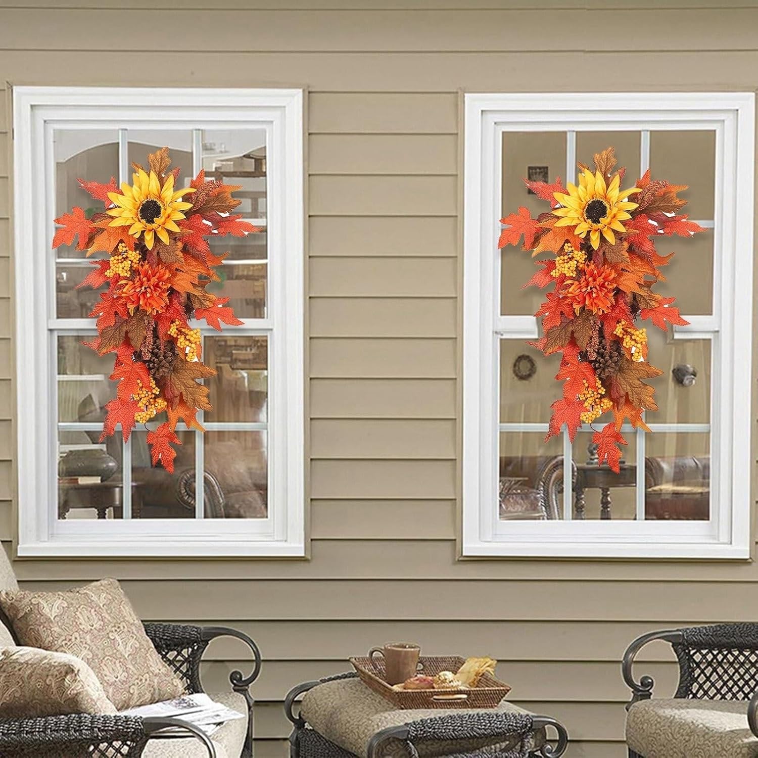 Fall Teardrop Wreath with Sunflowers and Maple Leaves