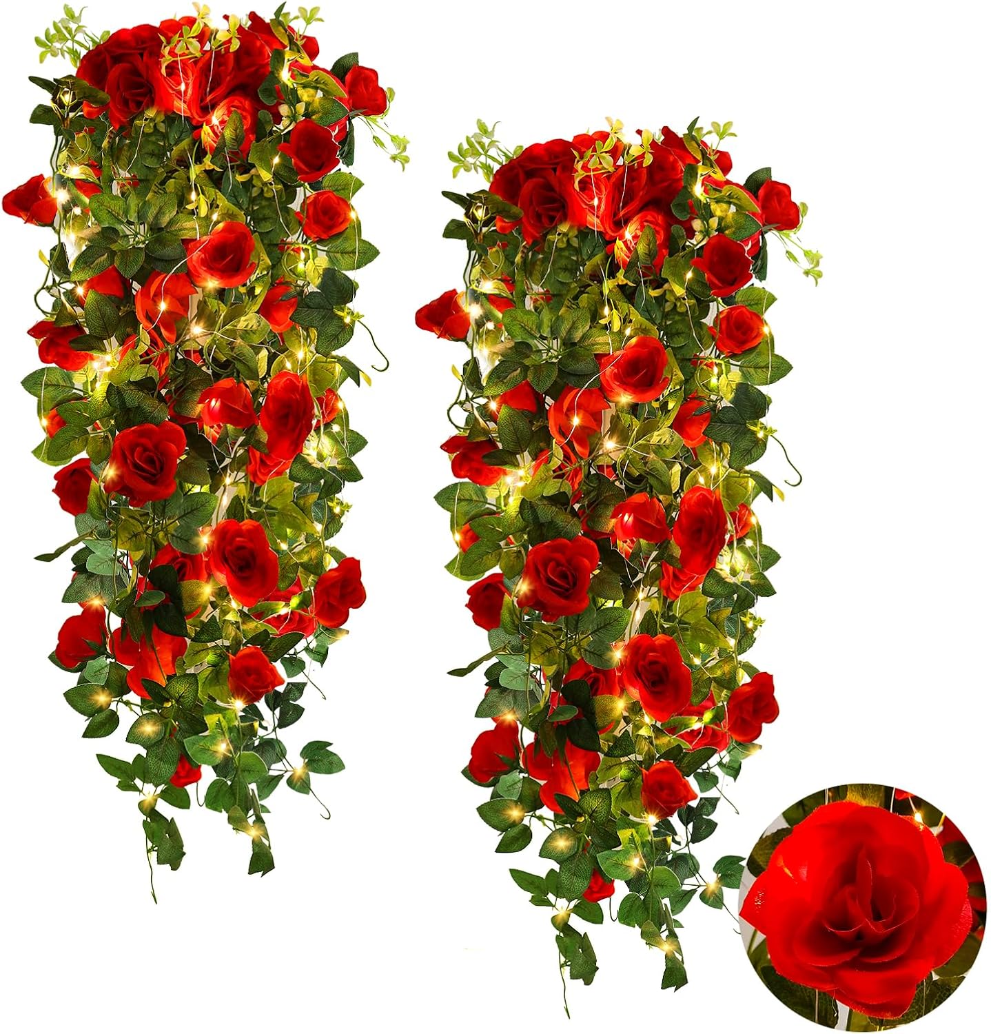 Artificial Hanging Rose Flower with LED Lights 2PCS Red