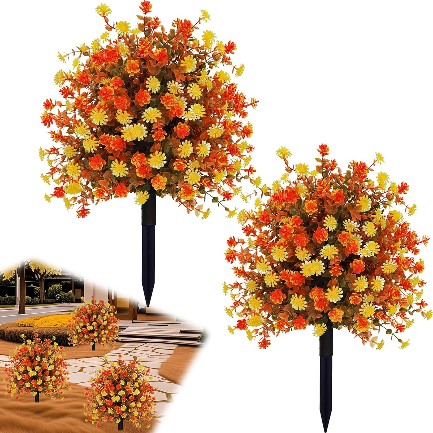 Fall Artificial Topiary Ball Tree with Mums Flowers Set of 2