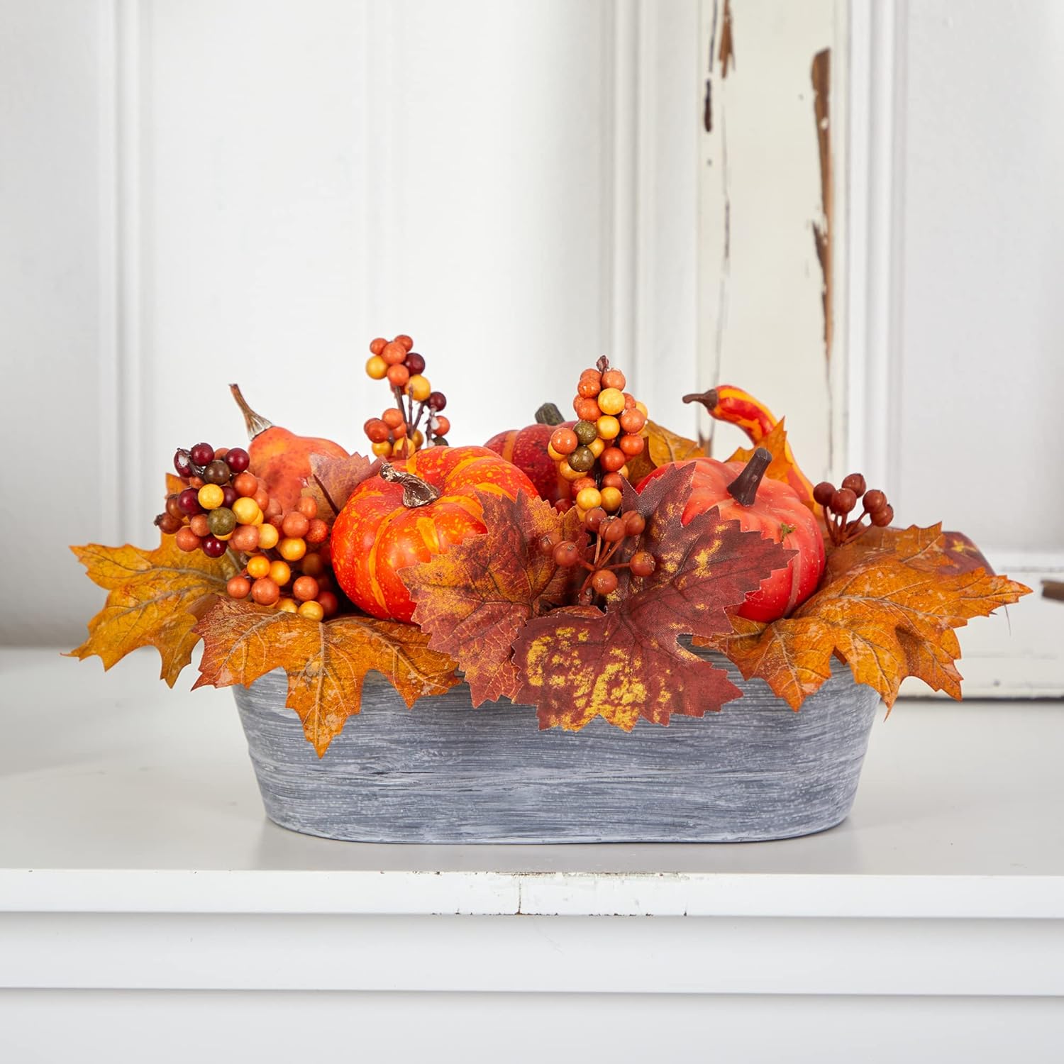 Nearly Natural 12 Inch Fall Pumpkin and Berries Artificial Arrangement in Washed Vase