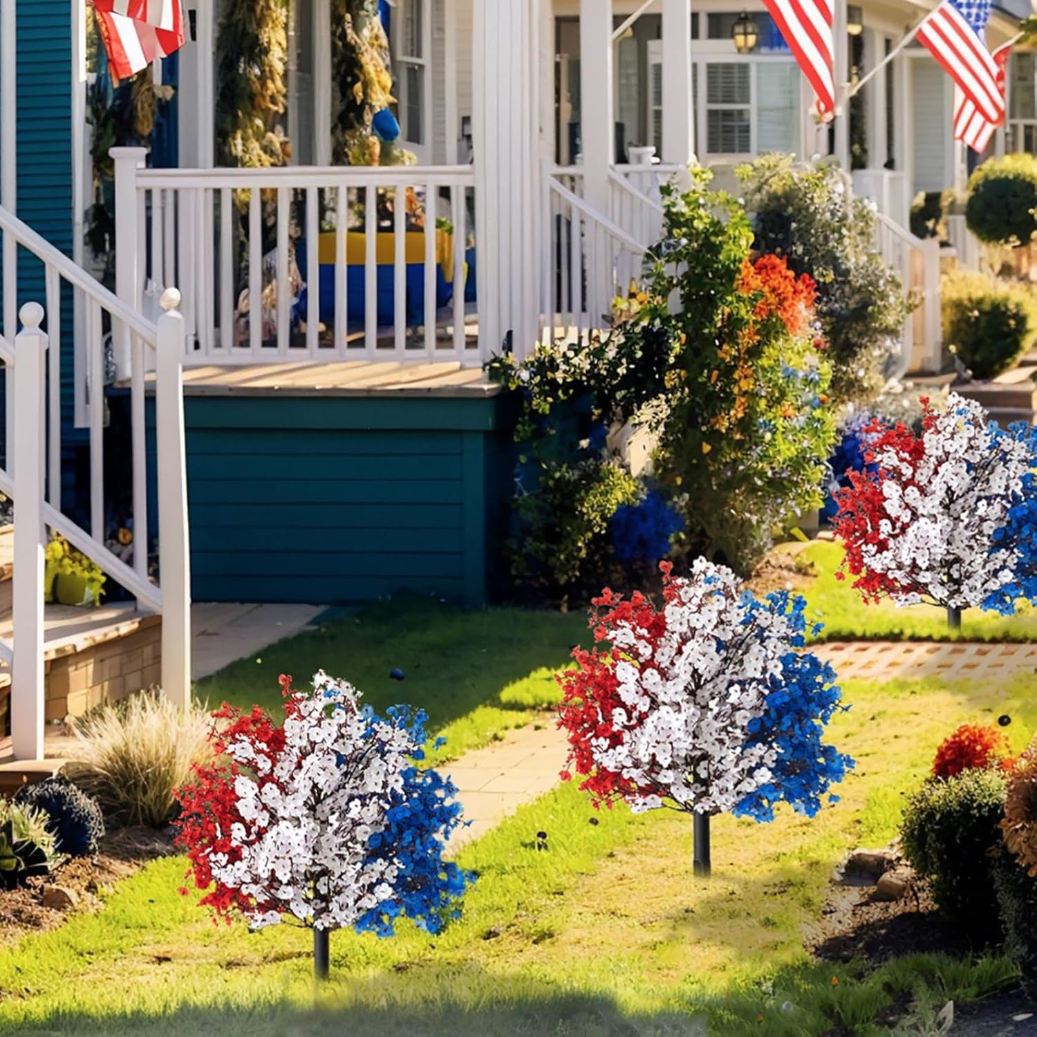 4th of July Artificial Boxwood Topiary with Ground Spikes
