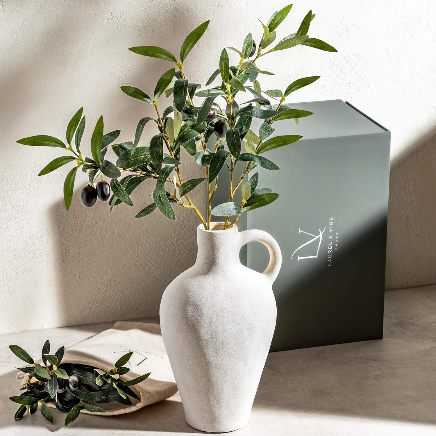 Luxurious Textured Ceramic Vase with Olive Branches 10 Inch