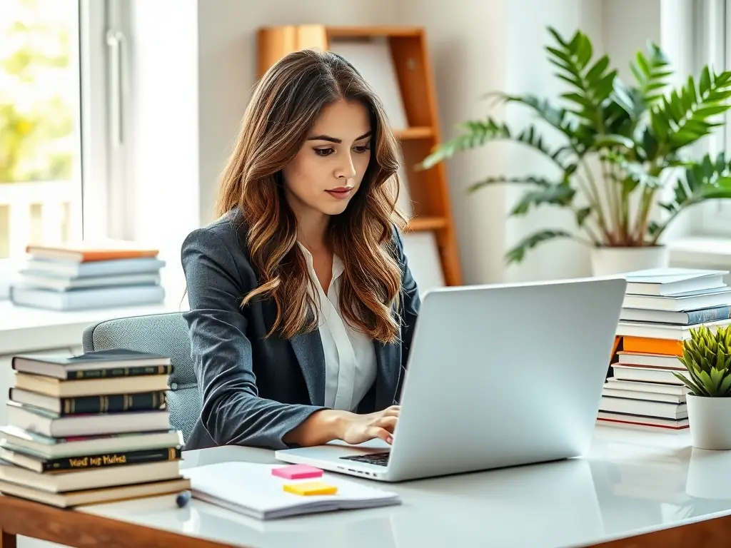 A person working on a computer in a modern office setting.