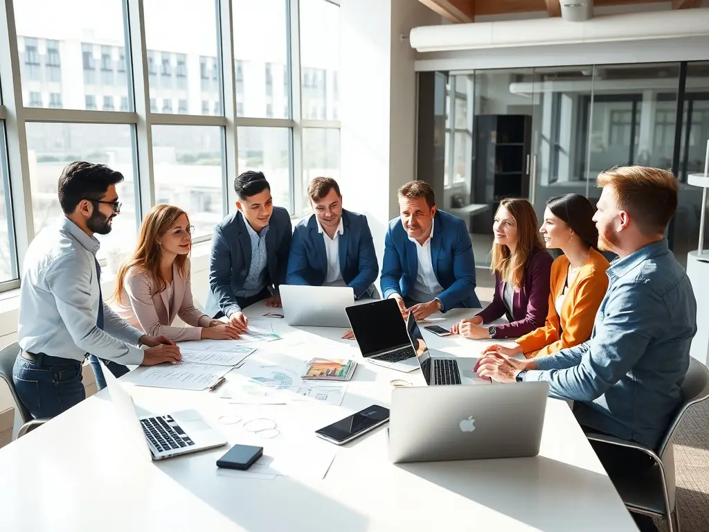 An image showcasing a team of consultants collaborating over a digital strategy plan, with laptops displaying data analytics and growth charts.