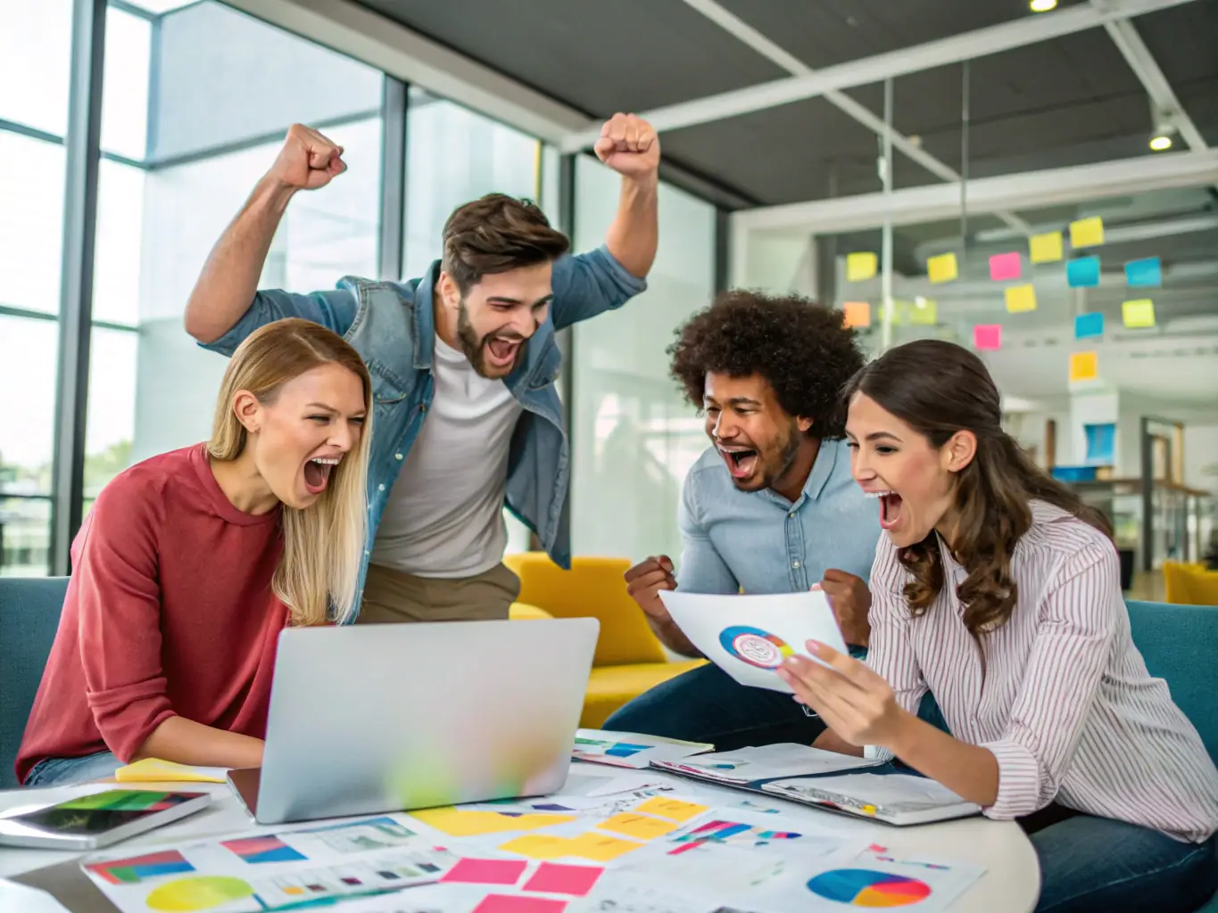 A team of consultants brainstorming ideas in a modern office, with sticky notes and whiteboards filled with growth hacking strategies.