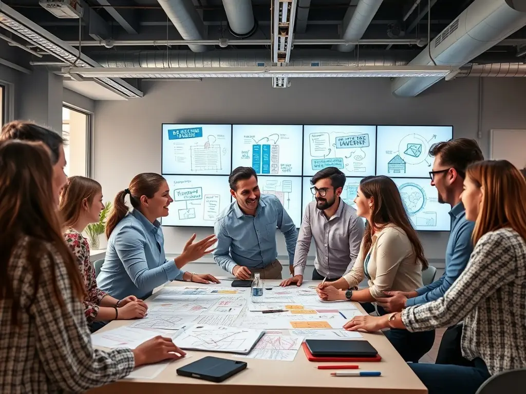 An image depicting a brainstorming session with charts and data analytics on display, highlighting the use of data-driven decision-making.