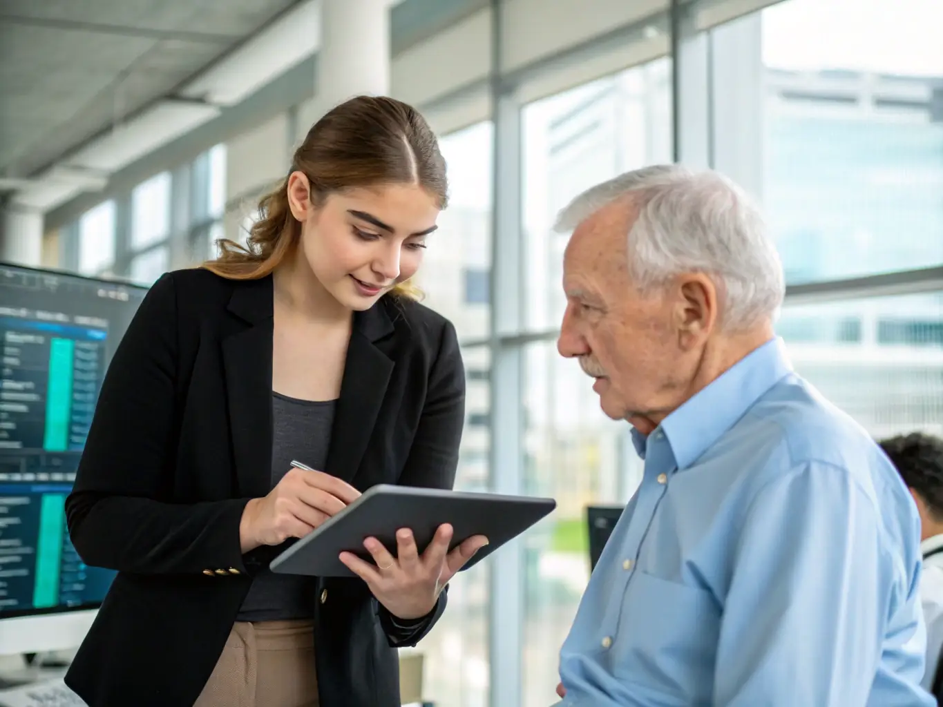 A consultant presenting a project's success metrics to a client, showcasing the positive outcomes achieved through VELOTECHLABS LTD's consulting services.